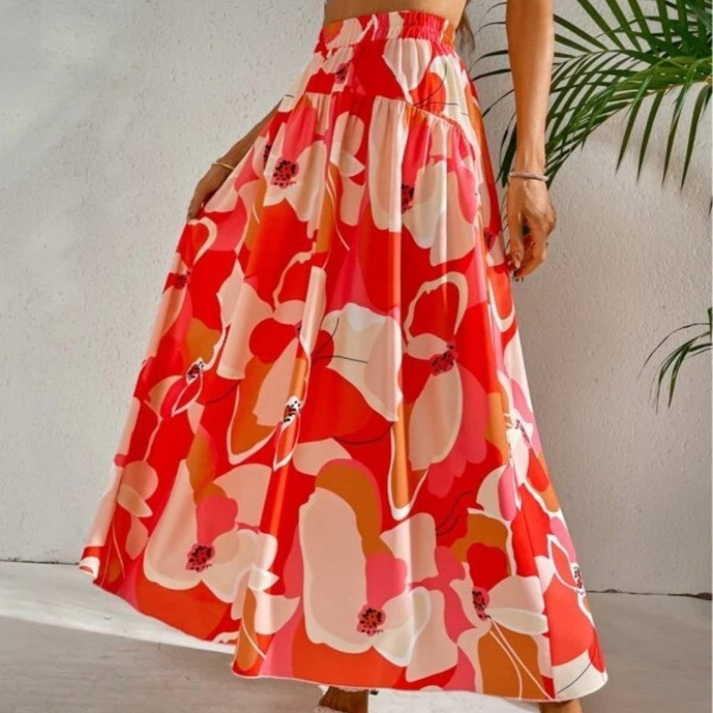 Boho Floral Tropical Maxi Skirt Vacation RED - Picture 6 of 9